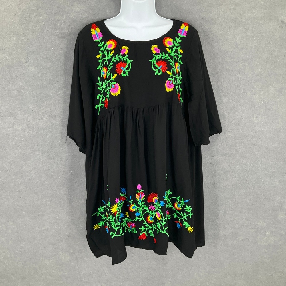 Riviera Sun Black Bold‎ Embroidered Dress Womens XL Bohemian Romantic Feminine